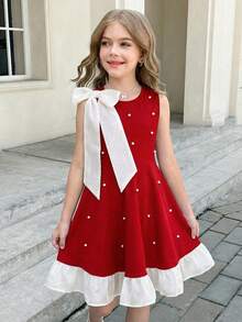 Serisse Kids Robe élégante à encolure ronde avec nœud papillon, décoration de perles et ourlet à volants contrastés pour la taille. Tenue assortie pour sœurs - Rouge - Voir 2