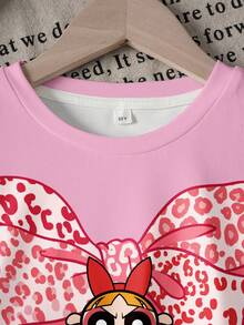 THE POWERPUFF GIRLS X SHEIN Tween Girls' Casual Fashionable Street Style Leopard Print Bow Cartoon Graphic Loose Fit T-Shirt And Shorts Set, Summer - White - View 3