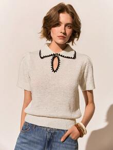 Poéselle New Spring/Autumn Korean Style Commuting Chic Butterfly Metal Buckle Women Knit Top - Black and White - View 3