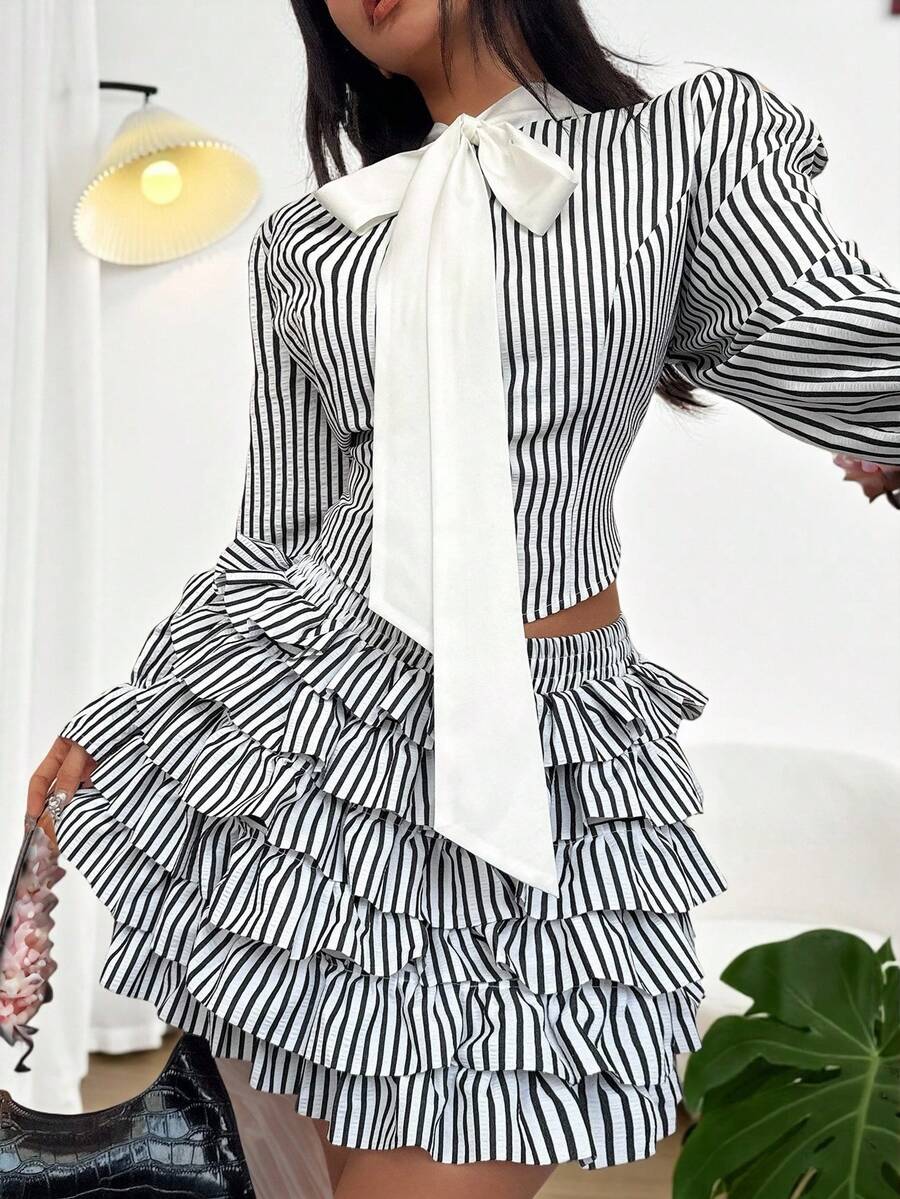 Celure Plus Size Women 2pcs Set: Striped Bowknot Blouse & Cake Skirt - Multicolor - View 1