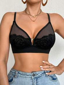 DesireSculpt 1pc Women's Lace Patchwork Wireless Bra - Black - View 6