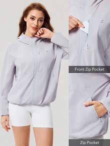 OutZeal Women Sun-Proof Jacket Summer Gym Workout UV Protection Front Zip Pocket Back Mesh Design Loose-Fit Hooded Top - Mauve Purple - View 4