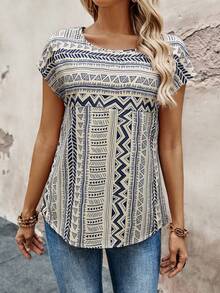 EMERY ROSE Women's Casual Geometric Print Batwing Sleeve Blouse - Blue - View 7