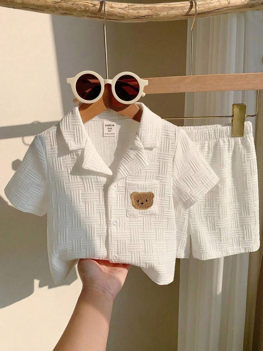 LMoss Kids 2 pièces Ensemble chemise décontractée et short en couleur unie pour jeune garçon - Blanc - Voir 1