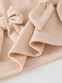 2件套女童（小号）杏色罗纹短袖蝴蝶结圆领T恤和直筒裤，休闲夏季儿童套装 - 杏色 - 查看 5