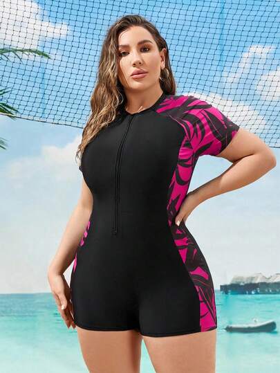 Swim Lushoire 2026 New Summer Beach Vacation Surfing Sportswear, Botanical Print Plus Size One-Piece Swimsuit