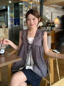 DAZY Women's Plaid Patchwork Short Sleeve Top, Fresh And Youthful Korean Style, Summer - Black and White - View 2