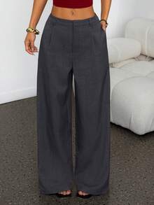 SHEIN PETITE 女士商务休闲裤 女士西式服装 女士阔腿裤 女士办公室服装 宽松裤 专业女士服装 办公室着装 灰色 - 深灰色 - 查看 8