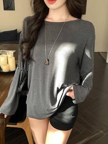 DAZY 女士蕾丝韩版休闲长袖T恤 - 灰色 - 查看 4