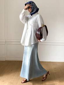 Veilorie Women's Casual Commuter Striped Long Sleeve Shirt - Black and White - View 5