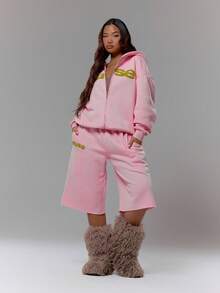 MUSERA 低腰毛绒刺绣针织短裤运动裤（仅限下装）街头潮女冬季性感休闲 Odd Drift - 粉色 - 查看 1