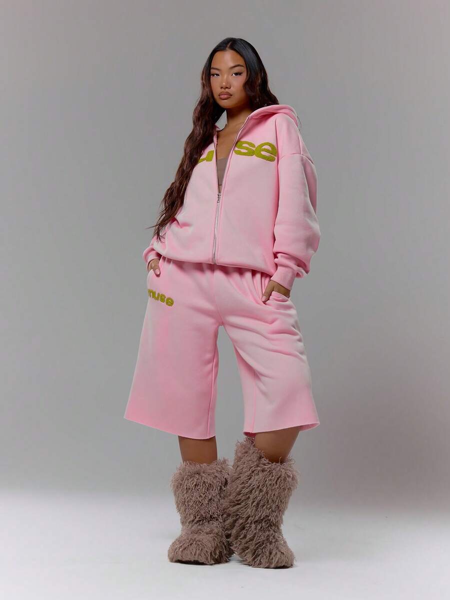 MUSERA 低腰毛绒刺绣针织短裤运动裤（仅限下装）街头潮女冬季性感休闲 Odd Drift - 粉色 - 查看 1