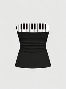 ROMWE Kawaii Áo hai dây ngắn gợi cảm in hình đàn piano dành cho nữ - màu đen - Xem 3