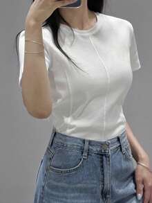 DAZY 1 件女式圆领短袖基本款分层 T 恤，商务休闲女装 - 白色 - 查看 6