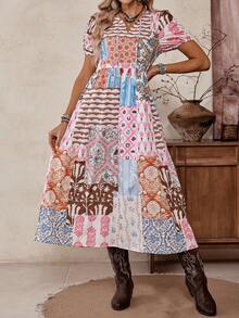 LanaWest 女士波西米亚风泡泡袖连衣裙，时尚V领系腰带随机印花连衣裙 - 彩色 - 查看 6