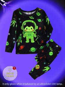 2pcs Toddler Boys' Long Sleeve Snug Fit Pajamas, Cartoon Astronaut Glow-In-The-Dark Print, Soft & Comfortable