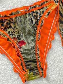 Soleia Bộ bikini đi biển cổ điển nhiều màu sắc với họa tiết da báo, ngựa vằn, hoa lá, kiểu dáng bèo nhún, buộc dây phía trước và tua rua trang trí dành cho nữ. - Màu Cam cháy - Xem 4