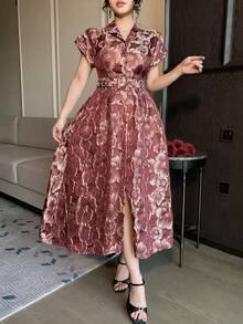DAZY Women's Elegant Floral Print Long Dress With Lapel Collar And Belt, Summer Wedding Guest Dress - Burgundy - View 4