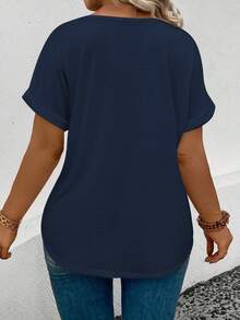 EMERY ROSE Women's V-Neck Flared Cuff, Ombre Heart Print Casual Versatile T-Shirt, Spring/Summer - Navy Blue - View 2