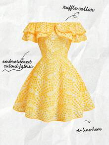 Olithes Women's Elegant Off Shoulder Embroidered Hollow Out Dress, Vacation Outfit - Yellow - View 1