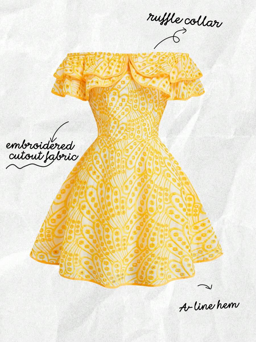 Olithes Women's Elegant Off Shoulder Embroidered Hollow Out Dress, Vacation Outfit - Yellow - View 1