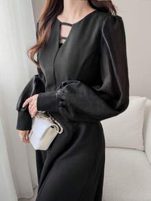 FRIFUL Đầm nữ màu trơn cổ khoét, tay voan mỏng, eo thon, dáng xòe, kiểu dáng thường ngày và đa năng. - màu đen - Xem 1