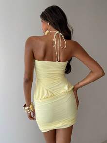 Aloruh Đầm mini ôm sát gợi cảm màu vàng trơn họa tiết hoa 3D phong cách Y2K dành cho nữ, thích hợp cho kỳ nghỉ. - Màu vàng - Xem 2