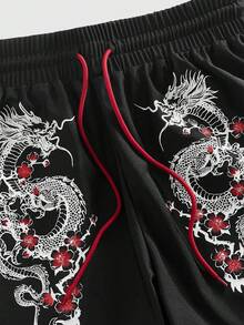 ROMWE MEN Anime Men's Dragon Print Drawstring Boxing Shorts - Black - View 4