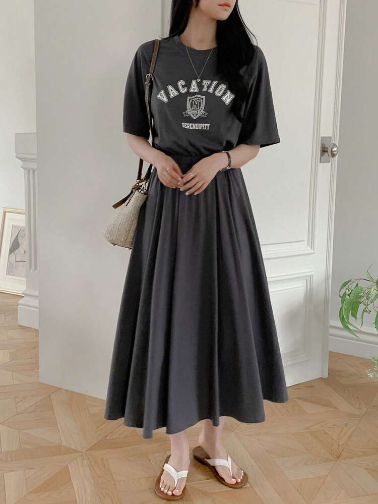Letter Print Loose Waist Short Sleeve Dress For Women Maxi Dress