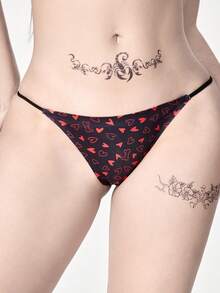 ROMWE Kawaii Women's Fashionable & Comfortable Heart Print Thong Panties - Black - View 2