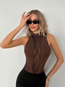 SHEIN ICON 无袖网纱拼接黑色立领连体衣 - 棕色 - 查看 4