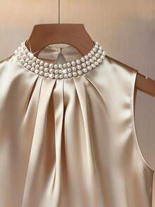 Franclia Women's Elegant Champagne Satin Camisole Top,Beaded Collar Blouse,Sleeveless White Gold,Summer,Elegant,Dining Tank Top With Faux Pearl Button Decor - Champagne - View 5