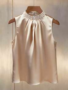 Franclia Women's Elegant Champagne Satin Camisole Top,Beaded Collar Blouse,Sleeveless White Gold,Summer,Elegant,Dining Tank Top With Faux Pearl Button Decor - Champagne - View 6