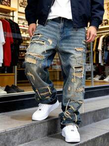 HIMLAND Men's Street-Style Distressed Slant Pocket Straight Leg Jeans - Dark Wash - View 4