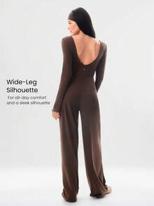 GLOWMODE FeatherFit™-Air Sunproof Work And Flow Square Neck Open U-Back Wide Leg Long Sleeve Bodysuit With Thumbholes Daily Casual Wear Removable Cups - Brown - View 2