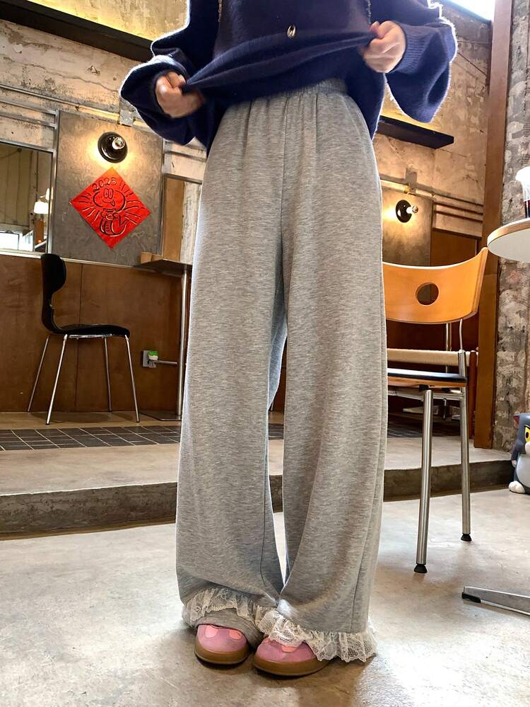 Women's Casual Solid Color Lace Patchwork Loose Pants