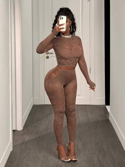 BamGleam Solid Color Hollow Out Fitted Top And Pants Sexy Mesh Lingerie Set