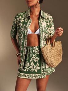 Swim Oasis 女士热带印花系带裹身短裤罩衫，休闲度假 - 彩色 - 查看 1