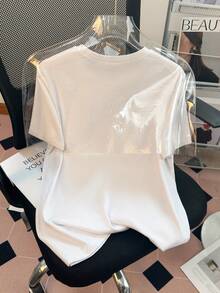 GlowEve 女士休闲爱心水钻装饰圆领短袖T恤，夏季 - 白色 - 查看 2