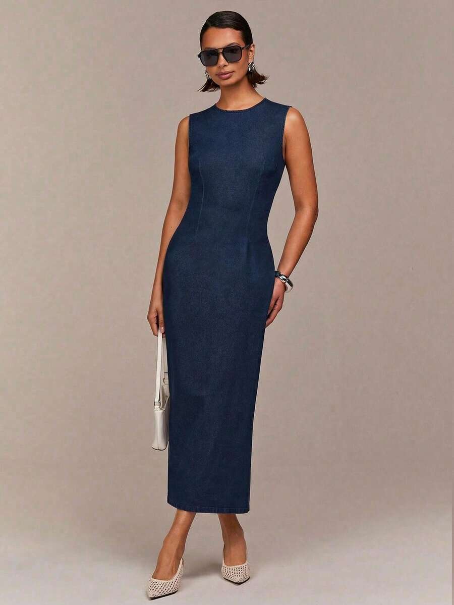 COSMINA Đầm denim nữ cổ tròn không tay ôm dáng, đầm denim thanh lịch, phù hợp cho hẹn hò, mua sắm, đi chơi hàng ngày, công sở, đầm denim nữ mùa xuân/hè, đầm denim xẻ tà, đầm denim xanh. - Màu xanh lam - Xem 1