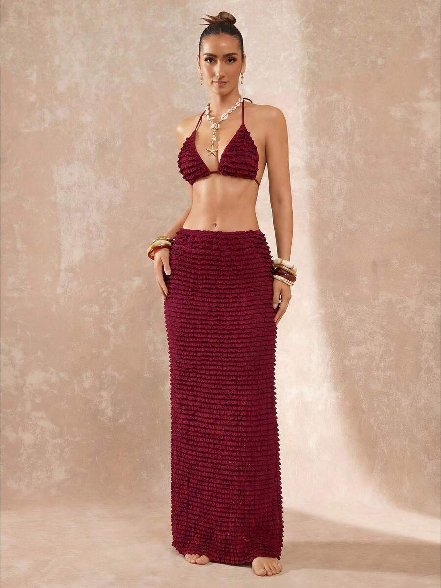 Lumalex Burgundy,Summer,Boho,Beach Vacation,Holiday Wine Red Knitted Skirt,Layered Texture Crinkled Ruffle Back Slit Detail Body-Skimming Fit Cover Up Skit