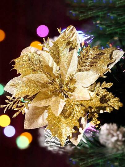 20pcs Artificial Flowers, Poinsettia Decorations With Clips, Sparkling Hollow Mesh Powder Flowers, Decorations, Holiday Accessories, Flower Wreaths, Sparkling Poinsettia Pendants, Holiday Decoration DIY, Party Decoration