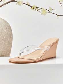 SHUZIA New Fashionable Ladies' Beige/Clear Thong Round Toe Wedge Comfortable Slip-On Spring Summer Holiday Vacation Shoe - Clear - View 1