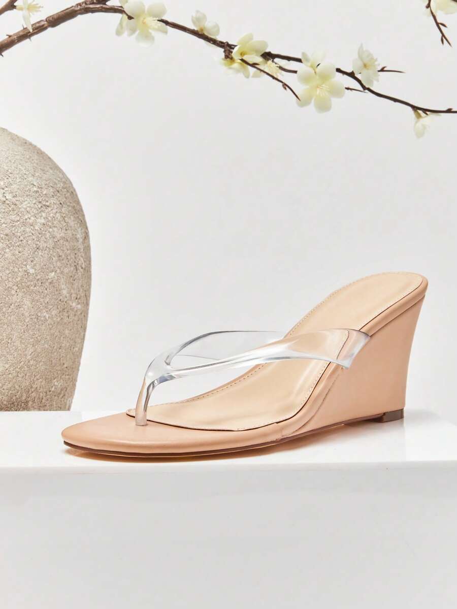 SHUZIA New Fashionable Ladies' Beige/Clear Thong Round Toe Wedge Comfortable Slip-On Spring Summer Holiday Vacation Shoe - Clear - View 1