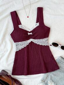 SHEIN Teen Girl Burgundy Jacquard Lace Trim Casual Fitted Camisole - Rose Red - View 1