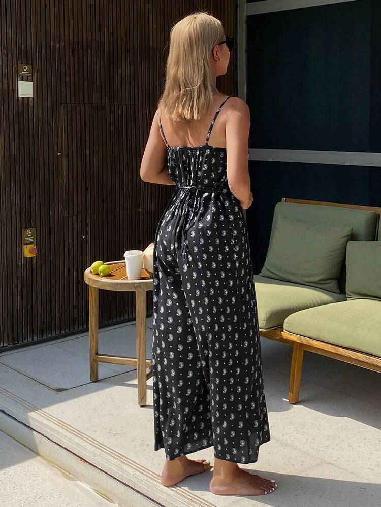 Ditsy Floral Spaghetti Strap Jumpsuit Maxi Nightgown For Women