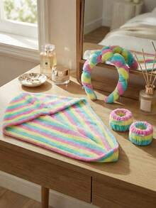 Zestaw 3 szt.: Chłonny czepek do suszenia włosów + opaska na głowę + opaska na nadgarstek, miękki czepek do suszenia włosów wykonany z materiału tekstylnego, odpowiedni do użytku domowego - Wielokolorowe - Zobacz 12