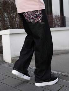 Artur Kramer Fashionable Sakura Embroidered Vintage Wide Leg Loose Fit Jeans - Black - View 4