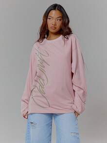 MUSERA 超大印花长袖上衣，街头潮酷女孩性感休闲另类风，春夏假日必备 - 淺粉色 - 查看 5