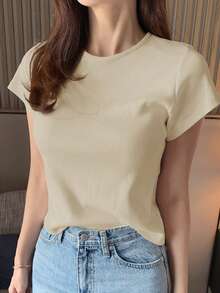 Camiseta básica de manga corta de cuello redondo y unicolor blanco para mujer, primavera/verano - Albaricoque - Ver 4